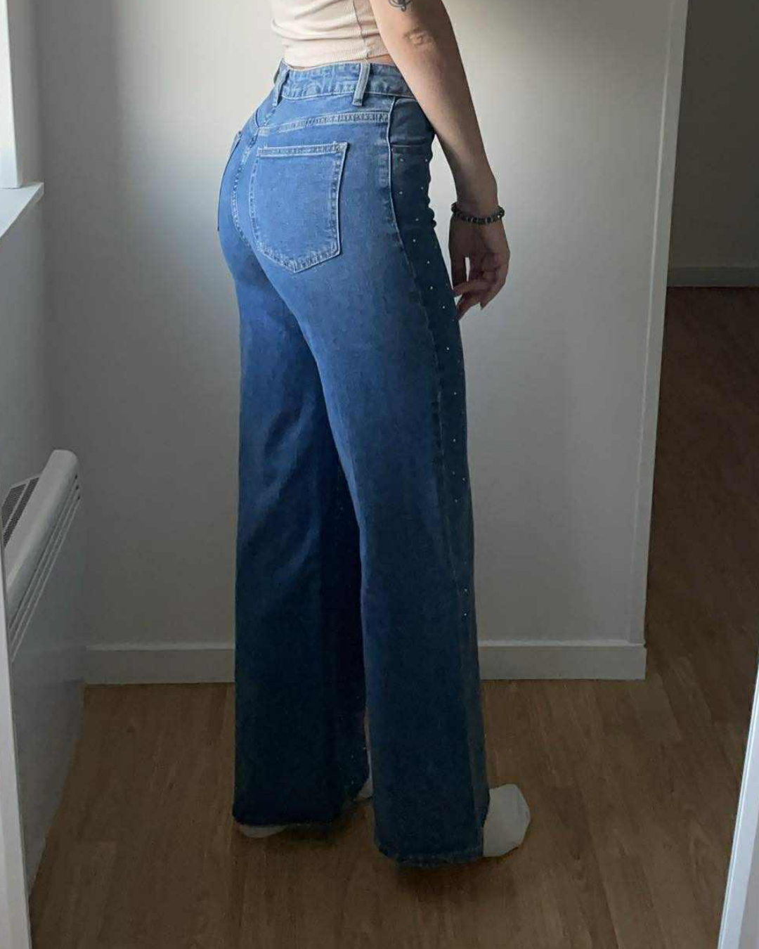 Jean extra long bleu strass