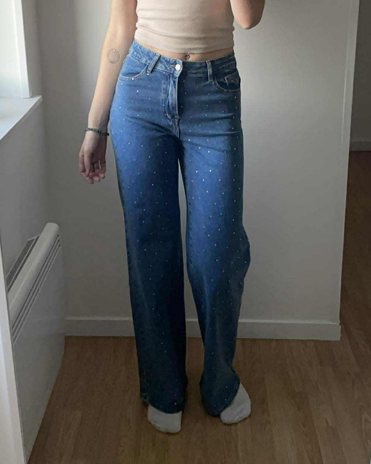 Jean extra long bleu strass